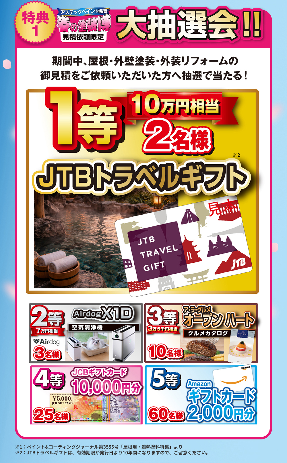 春の塗装博 大抽選会！！期間中、屋根・外壁塗装・外装リフォームのお見積をご依頼いただいた方へ抽選で当たる！
